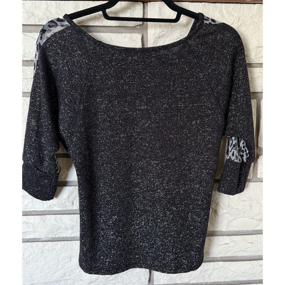 BKE Black Silver Blouse Sz Small Shimmer Leopard  Print Knit Top Holiday Party - Picture 6 of 7